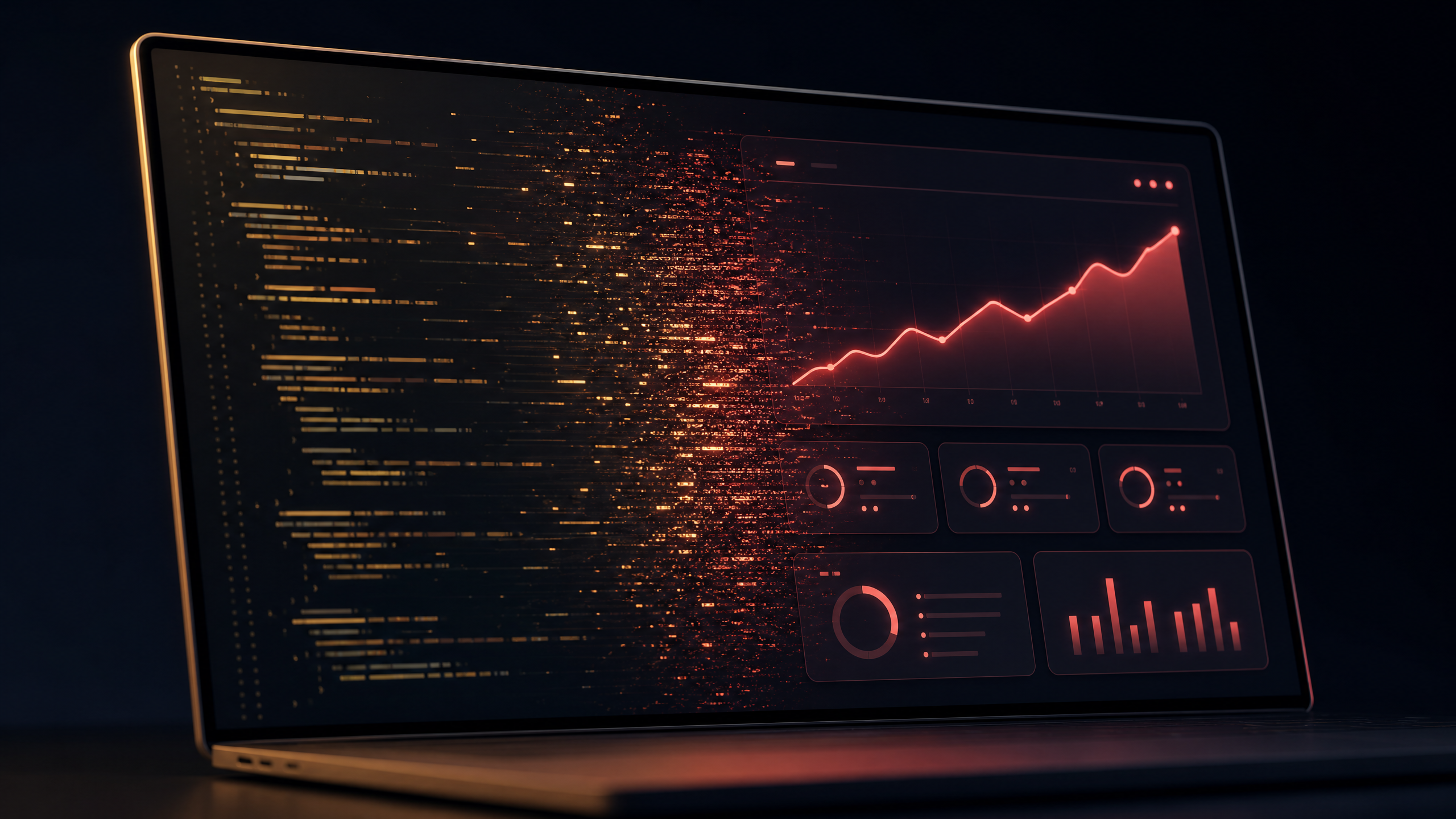 Code on a laptop screen transforming into a live shipped product interface