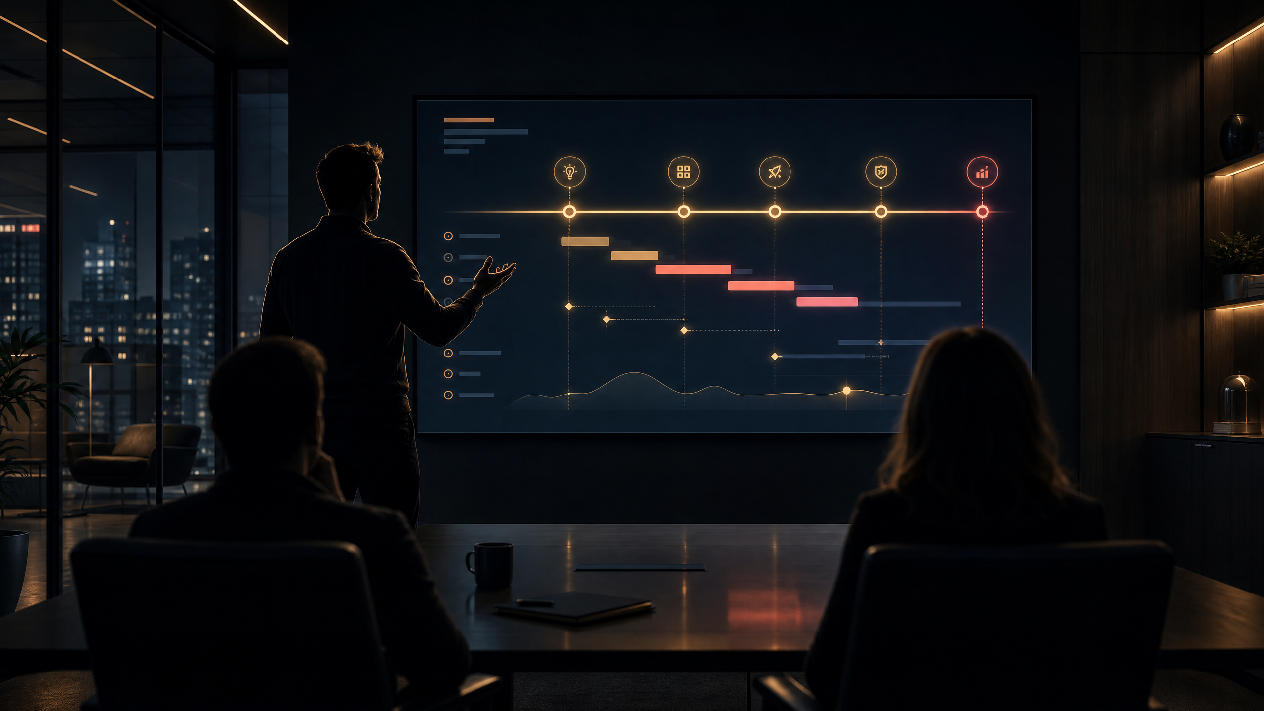 Startup founder presenting product roadmap to partners